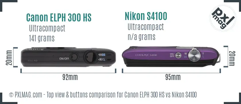 Canon ELPH 300 HS vs Nikon S4100 top view buttons comparison