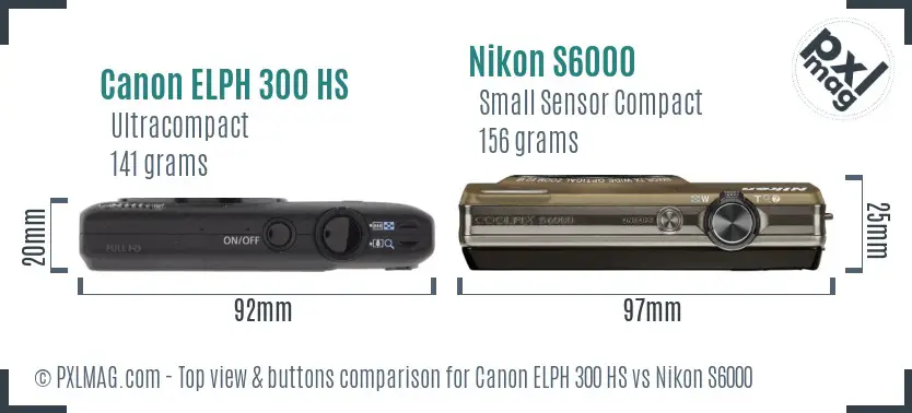 Canon ELPH 300 HS vs Nikon S6000 top view buttons comparison