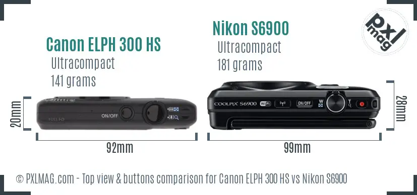 Canon ELPH 300 HS vs Nikon S6900 top view buttons comparison