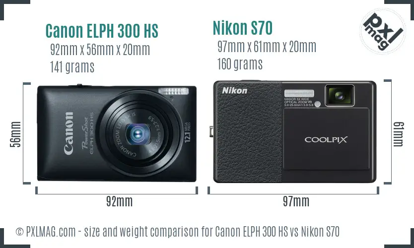 Canon ELPH 300 HS vs Nikon S70 size comparison
