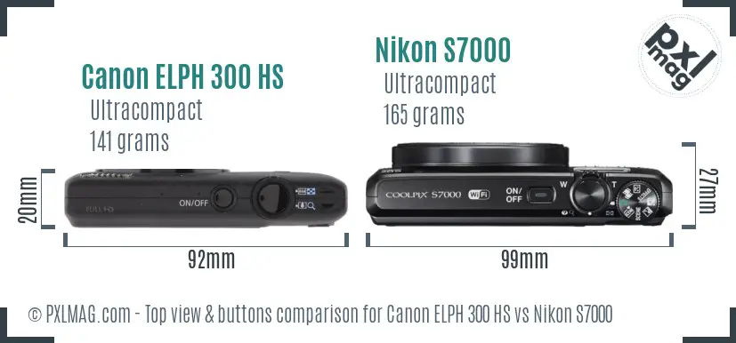 Canon ELPH 300 HS vs Nikon S7000 top view buttons comparison