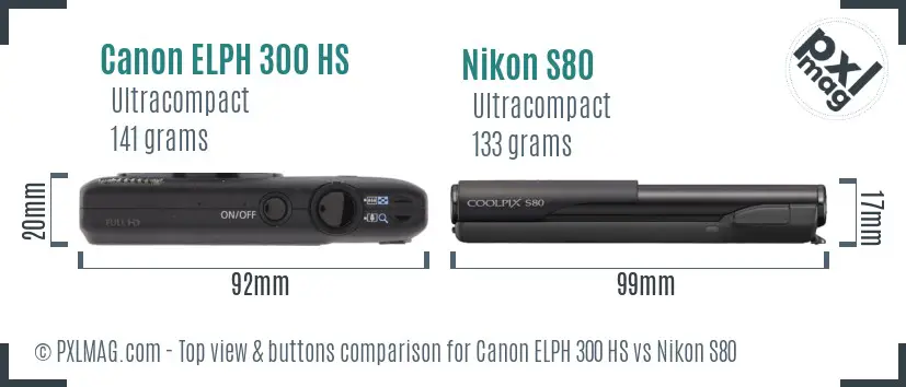 Canon ELPH 300 HS vs Nikon S80 top view buttons comparison