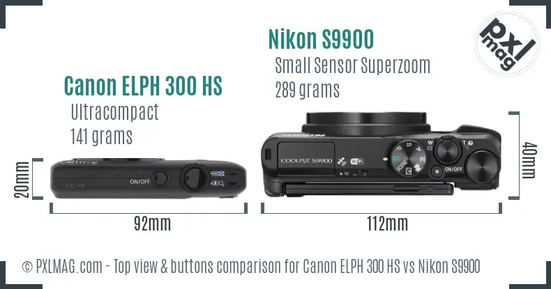 Canon ELPH 300 HS vs Nikon S9900 top view buttons comparison