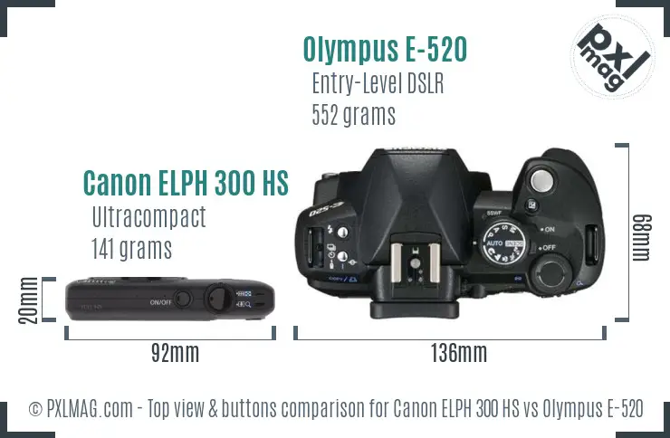 Canon ELPH 300 HS vs Olympus E-520 top view buttons comparison