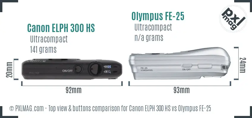 Canon ELPH 300 HS vs Olympus FE-25 top view buttons comparison