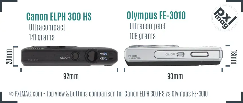 Canon ELPH 300 HS vs Olympus FE-3010 top view buttons comparison Canon ELPH 300 HS vs Olympus FE-3010 top view buttons comparison