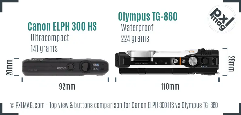 Canon ELPH 300 HS vs Olympus TG-860 top view buttons comparison