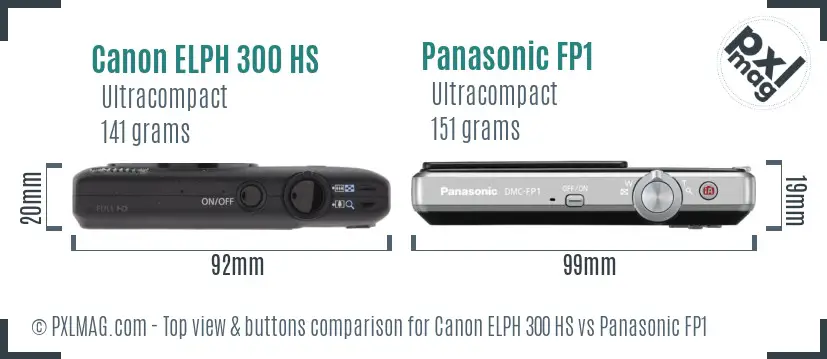 Canon ELPH 300 HS vs Panasonic FP1 top view buttons comparison