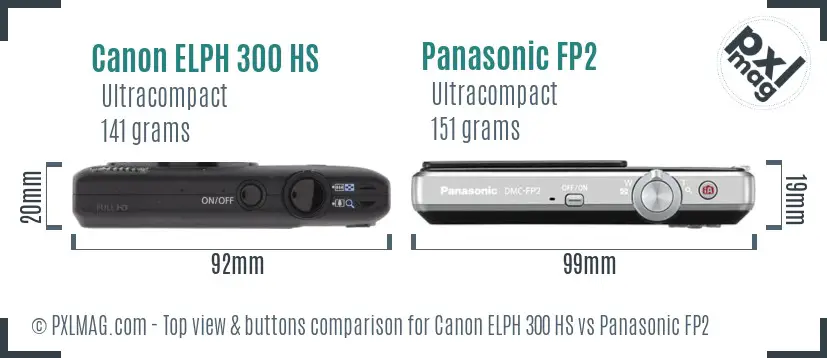 Canon ELPH 300 HS vs Panasonic FP2 top view buttons comparison