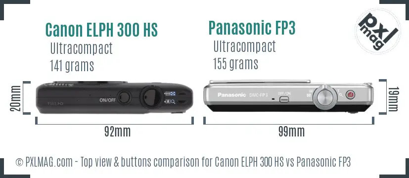 Canon ELPH 300 HS vs Panasonic FP3 top view buttons comparison