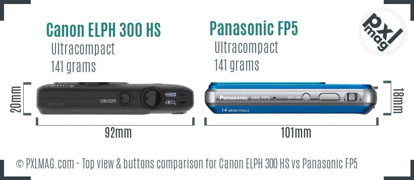 Canon ELPH 300 HS vs Panasonic FP5 top view buttons comparison