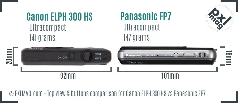 Canon ELPH 300 HS vs Panasonic FP7 top view buttons comparison