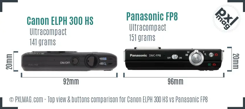 Canon ELPH 300 HS vs Panasonic FP8 top view buttons comparison