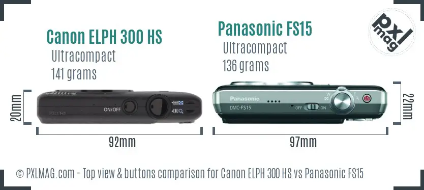Canon ELPH 300 HS vs Panasonic FS15 top view buttons comparison