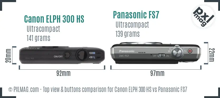 Canon ELPH 300 HS vs Panasonic FS7 top view buttons comparison
