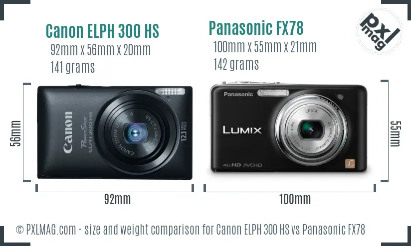 Canon ELPH 300 HS vs Panasonic FX78 size comparison