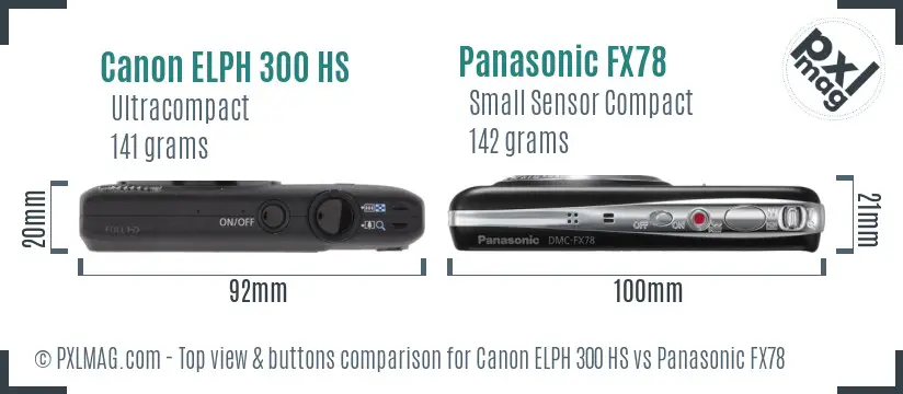 Canon ELPH 300 HS vs Panasonic FX78 top view buttons comparison
