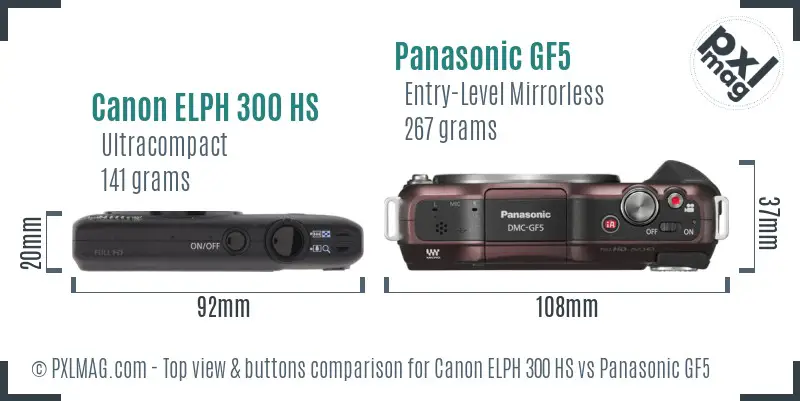 Canon ELPH 300 HS vs Panasonic GF5 top view buttons comparison