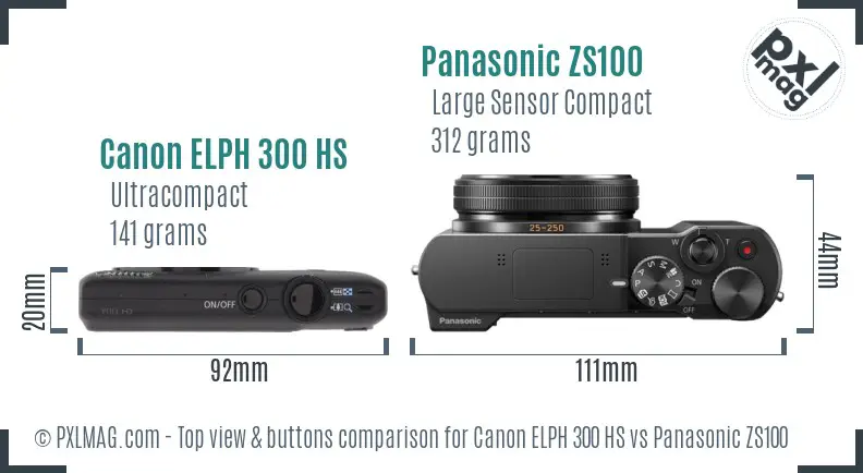 Canon ELPH 300 HS vs Panasonic ZS100 top view buttons comparison