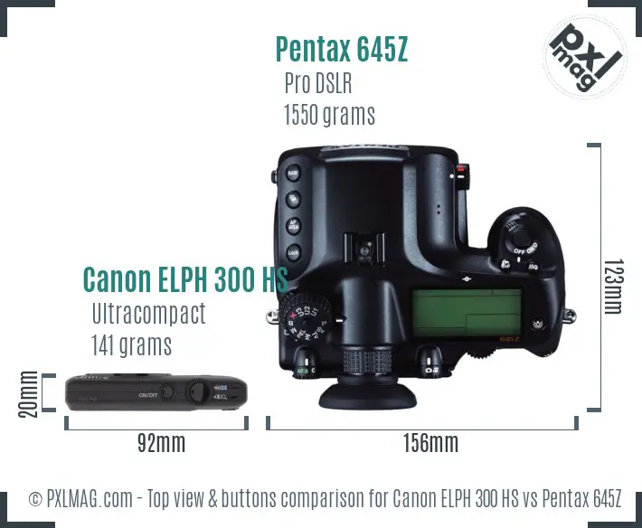 Canon ELPH 300 HS vs Pentax 645Z top view buttons comparison