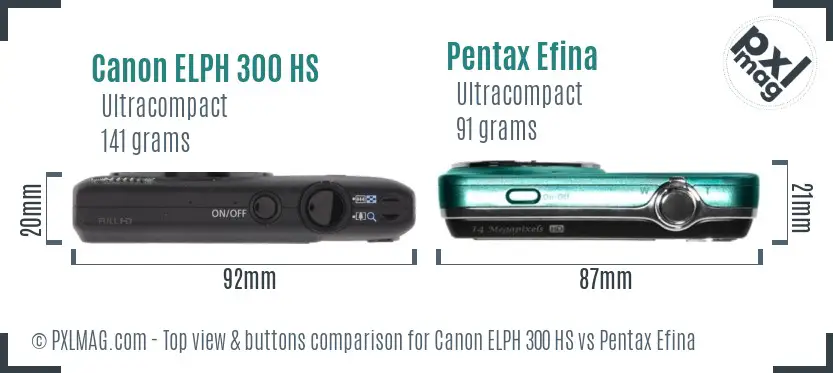 Canon ELPH 300 HS vs Pentax Efina top view buttons comparison