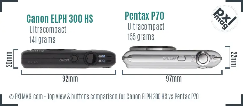 Canon ELPH 300 HS vs Pentax P70 top view buttons comparison