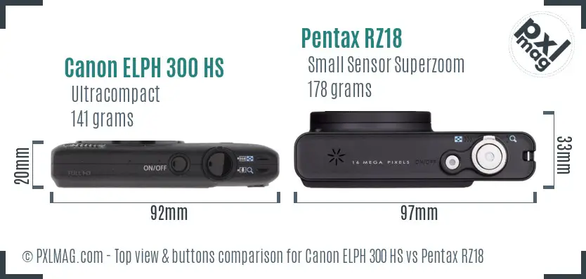 Canon ELPH 300 HS vs Pentax RZ18 top view buttons comparison