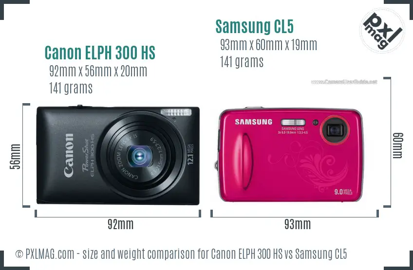 Canon ELPH 300 HS vs Samsung CL5 size comparison
