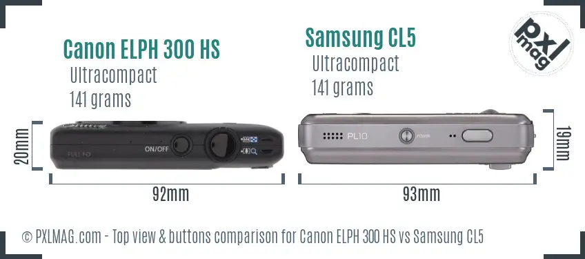 Canon ELPH 300 HS vs Samsung CL5 top view buttons comparison