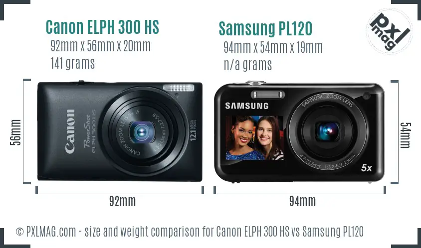 Canon ELPH 300 HS vs Samsung PL120 size comparison