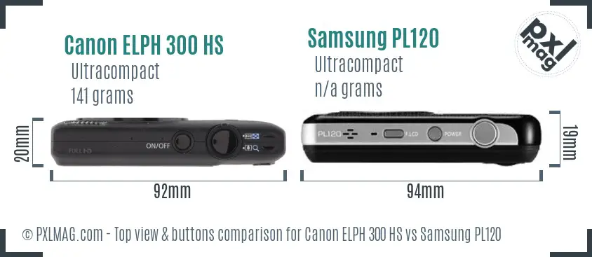 Canon ELPH 300 HS vs Samsung PL120 top view buttons comparison
