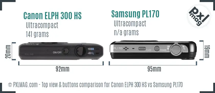 Canon ELPH 300 HS vs Samsung PL170 top view buttons comparison
