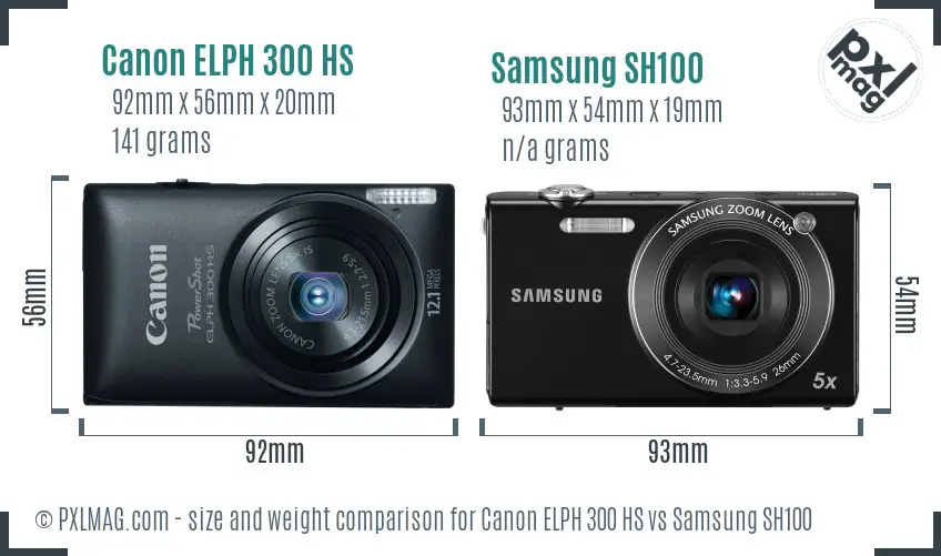 Canon ELPH 300 HS vs Samsung SH100 size comparison