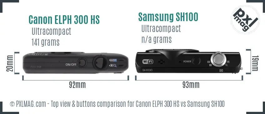 Canon ELPH 300 HS vs Samsung SH100 top view buttons comparison