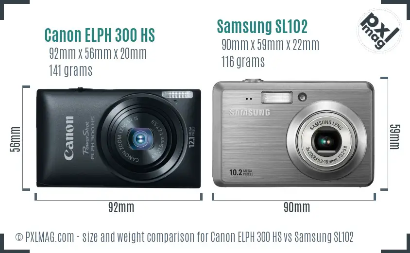 Canon ELPH 300 HS vs Samsung SL102 size comparison