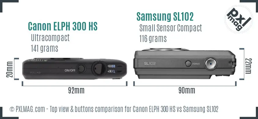 Canon ELPH 300 HS vs Samsung SL102 top view buttons comparison