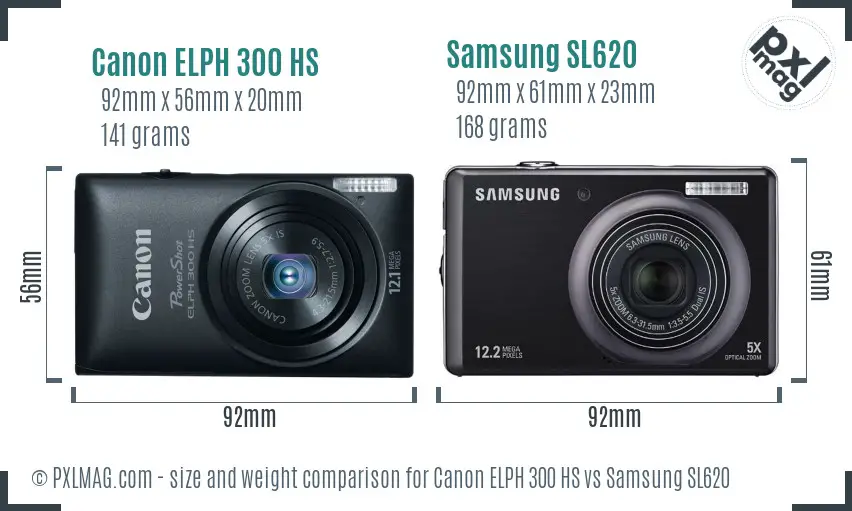 Canon ELPH 300 HS vs Samsung SL620 size comparison