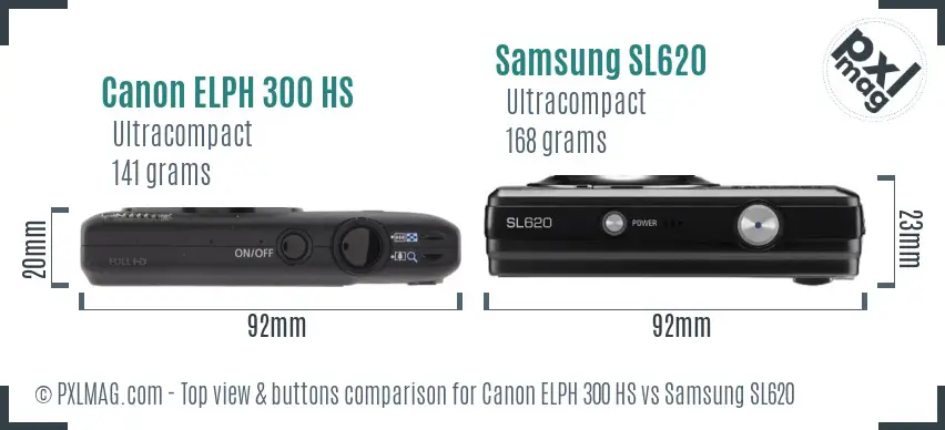 Canon ELPH 300 HS vs Samsung SL620 top view buttons comparison