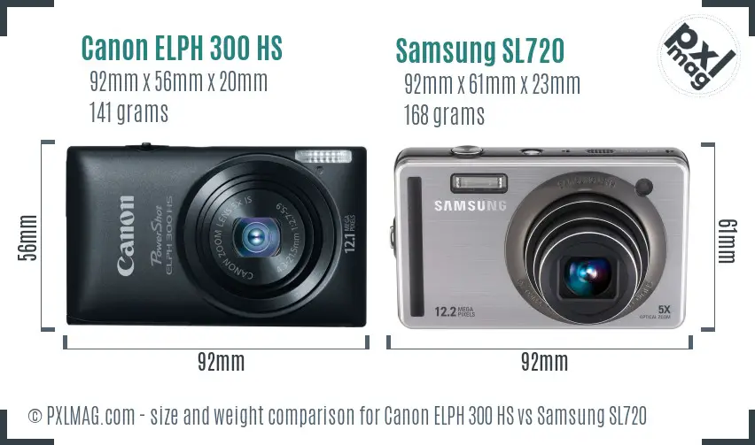 Canon ELPH 300 HS vs Samsung SL720 size comparison