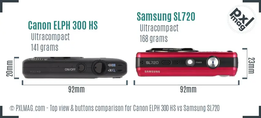 Canon ELPH 300 HS vs Samsung SL720 top view buttons comparison