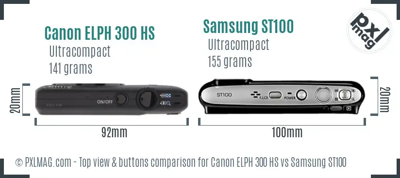 Canon ELPH 300 HS vs Samsung ST100 top view buttons comparison Canon ELPH 300 HS vs Samsung ST100 top view buttons comparison