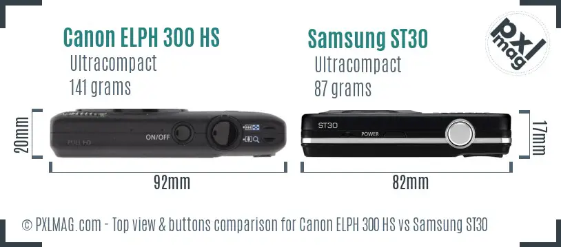 Canon ELPH 300 HS vs Samsung ST30 top view buttons comparison