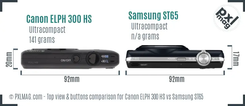 Canon ELPH 300 HS vs Samsung ST65 top view buttons comparison