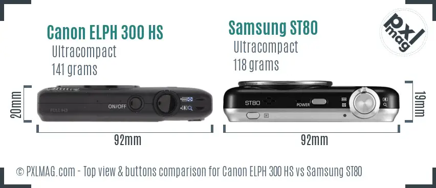 Canon ELPH 300 HS vs Samsung ST80 top view buttons comparison