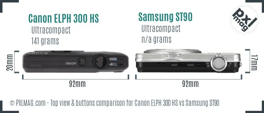 Canon ELPH 300 HS vs Samsung ST90 top view buttons comparison