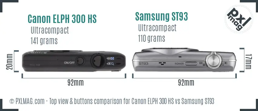 Canon ELPH 300 HS vs Samsung ST93 top view buttons comparison