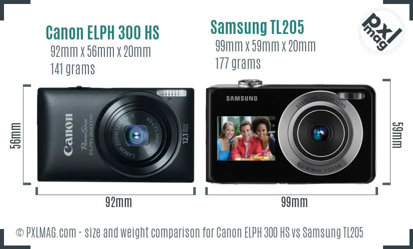 Canon ELPH 300 HS vs Samsung TL205 size comparison