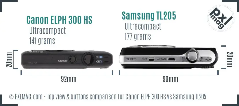 Canon ELPH 300 HS vs Samsung TL205 top view buttons comparison