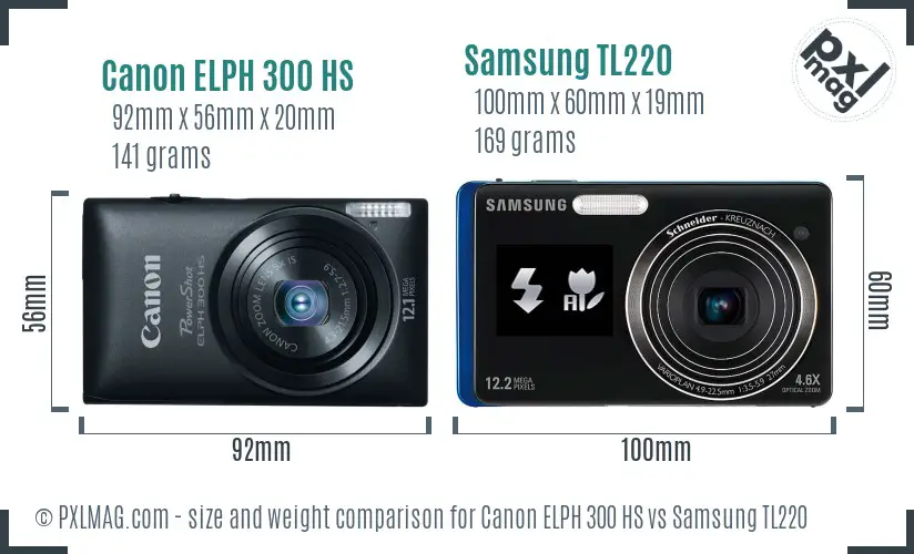 Canon ELPH 300 HS vs Samsung TL220 size comparison