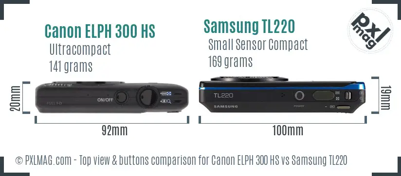 Canon ELPH 300 HS vs Samsung TL220 top view buttons comparison